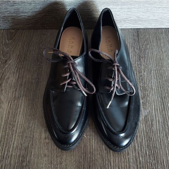 Zara Trafaluc Platform Lace up Oxford Loafer Shoe Black Size 39 - Picture 3 of 9